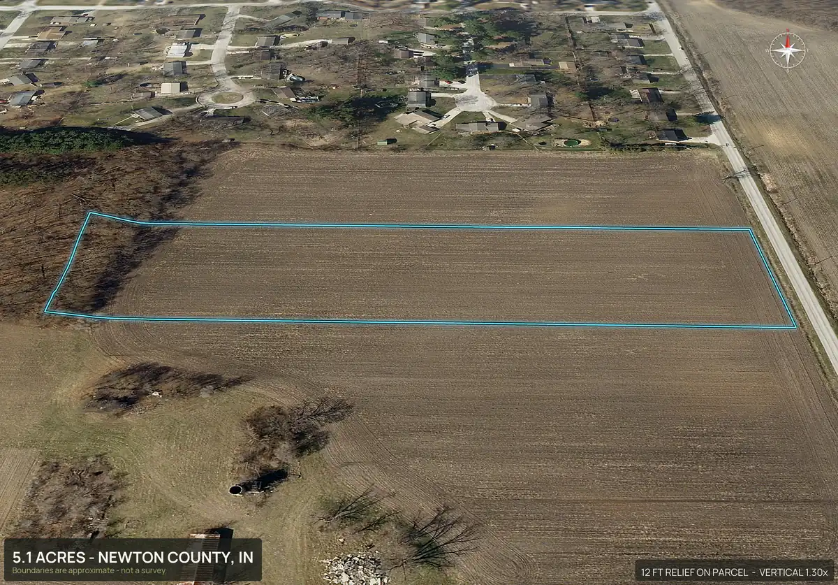 Oblique 3D aerial view of lot 2 of a five lot subdivision in Newton County, Indiana, with the lot outlined