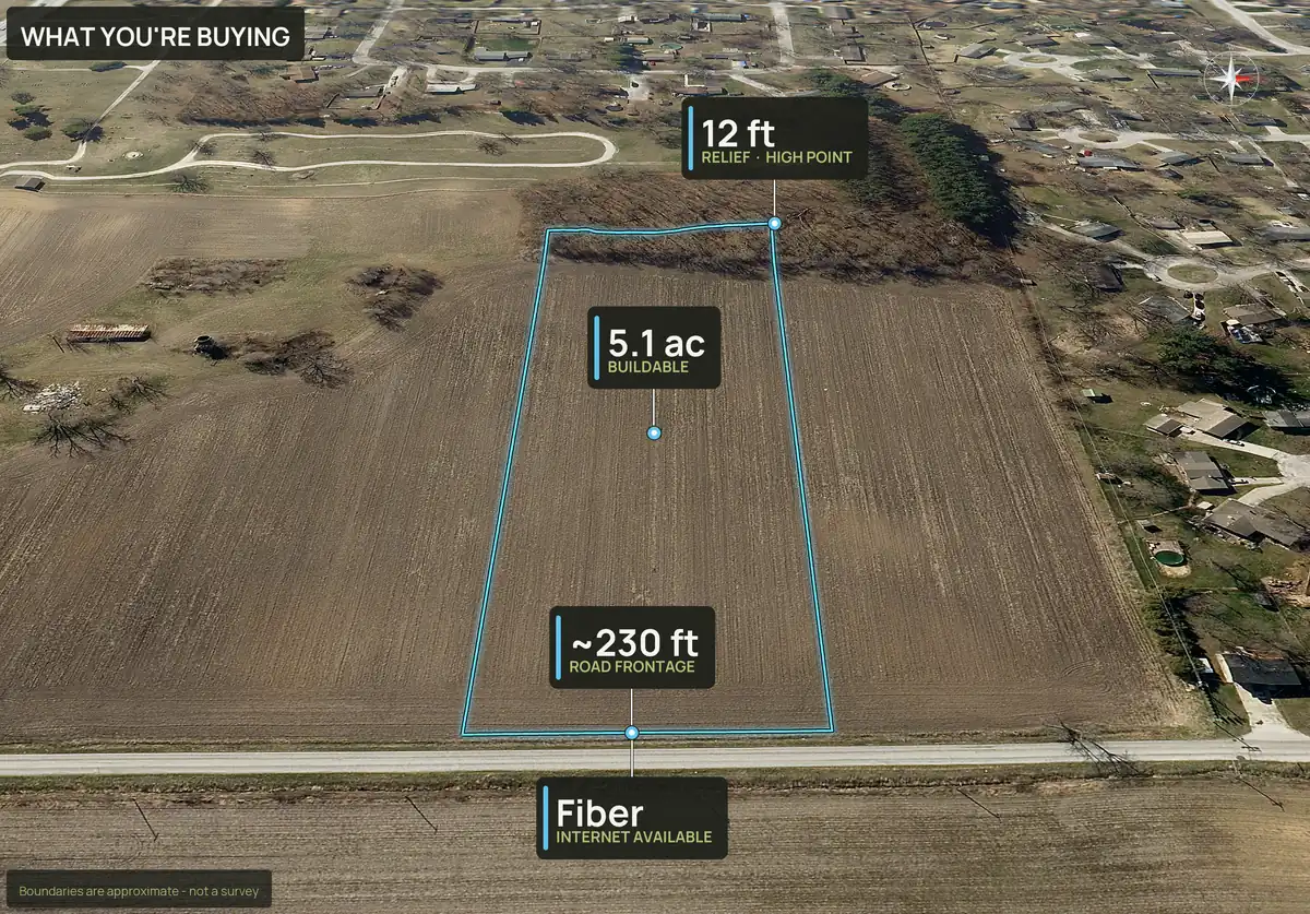 What You're Buying panel on an aerial of lot 2 of a subdivision in Newton County, Indiana, with buildable acres, relief and road frontage