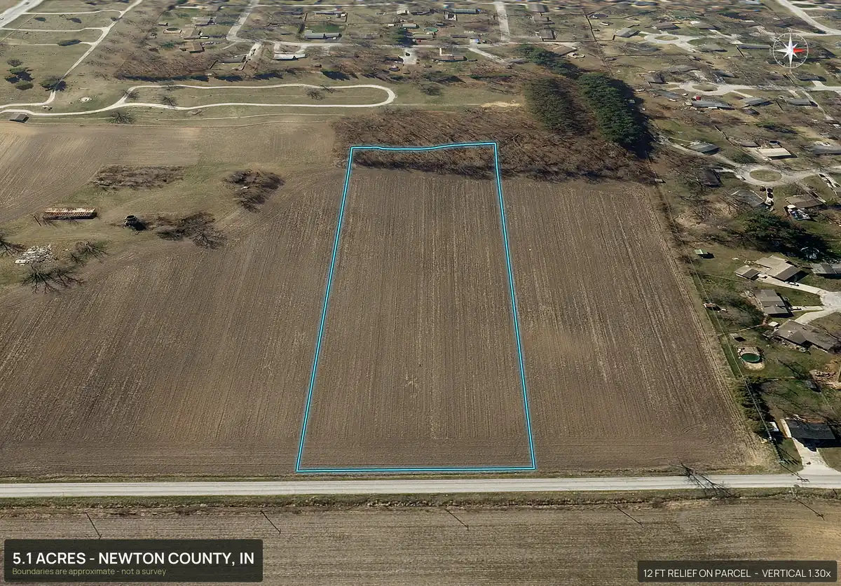 Aerial view of lot 2 of a five lot subdivision in Newton County, Indiana, looking along its road frontage