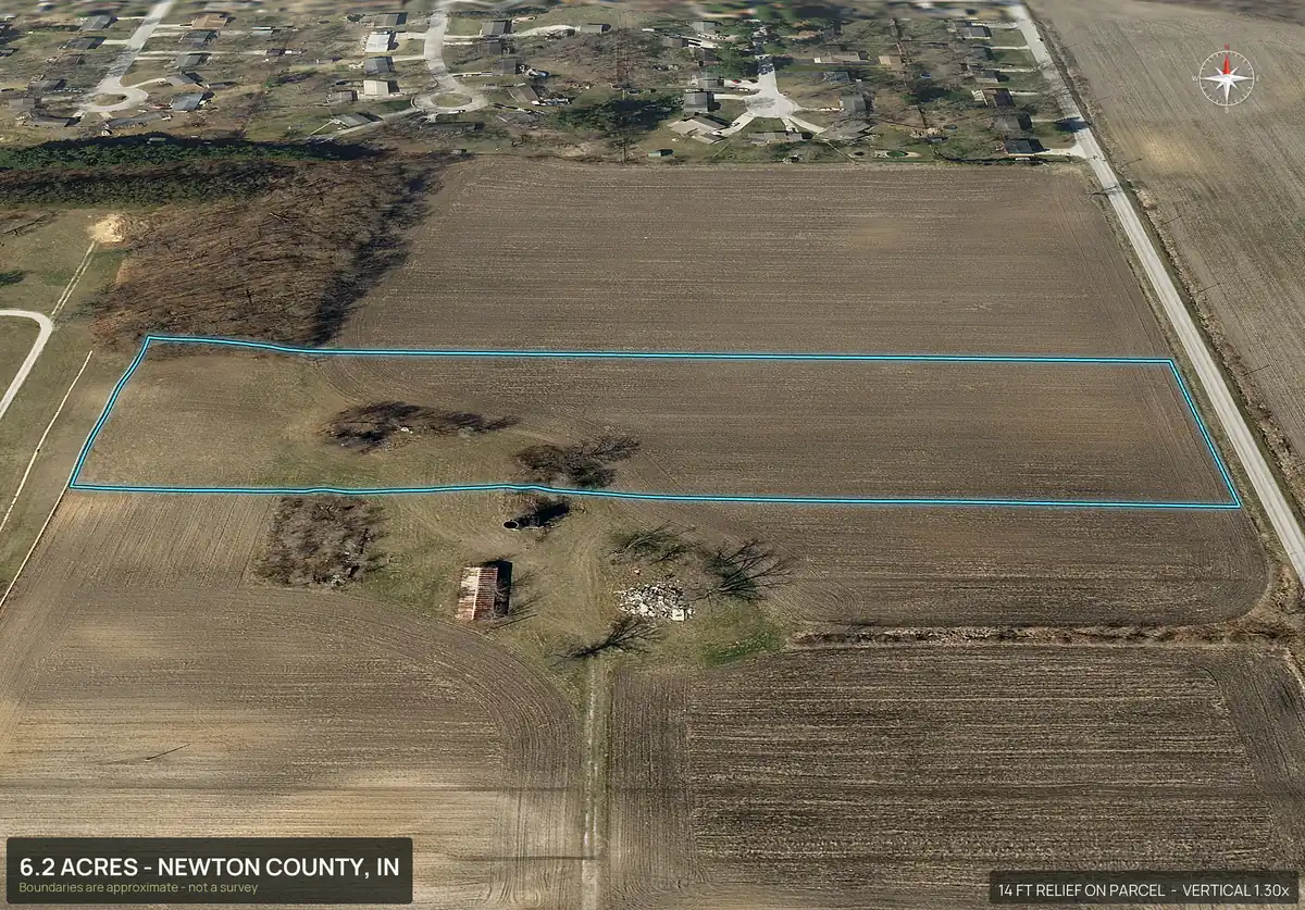 Oblique 3D aerial view of lot 3 of a five lot subdivision in Newton County, Indiana, with the lot outlined