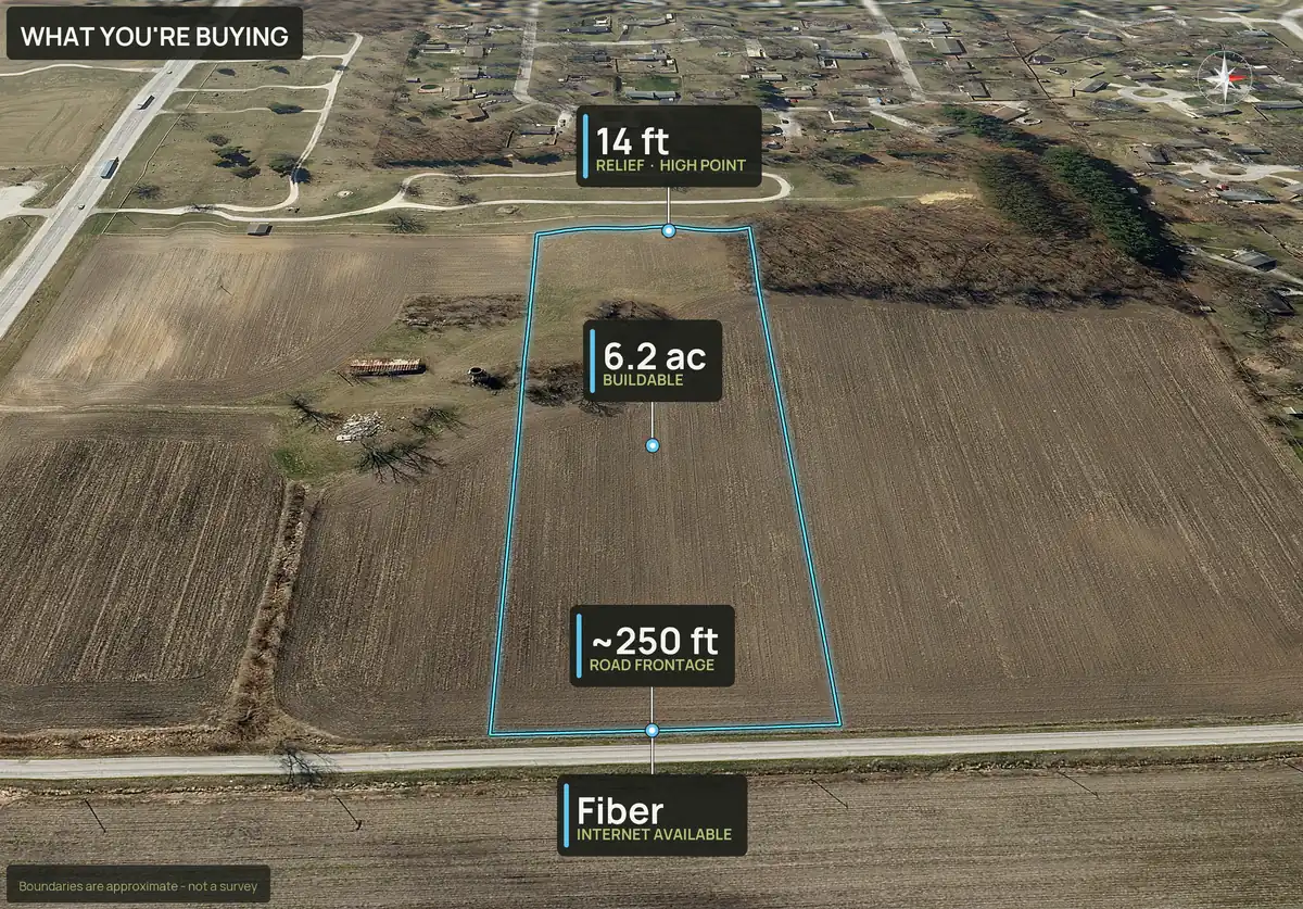 What You're Buying panel on an aerial of lot 3 of a subdivision in Newton County, Indiana, with buildable acres, relief and road frontage