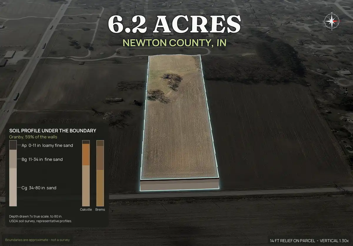 Pop-out 3D photo of lot 3, 6.19 acres, of a five lot subdivision in Newton County, Indiana, lifted off the landscape with dirt walls and a soil profile