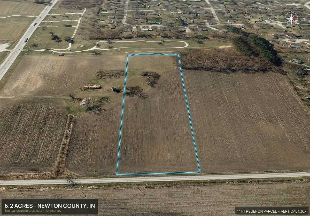 Aerial view of lot 3 of a five lot subdivision in Newton County, Indiana, looking along its road frontage