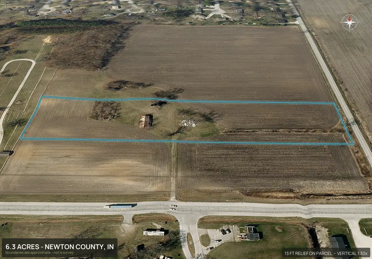 Oblique 3D aerial view of lot 4 of a five lot subdivision in Newton County, Indiana, with the lot outlined