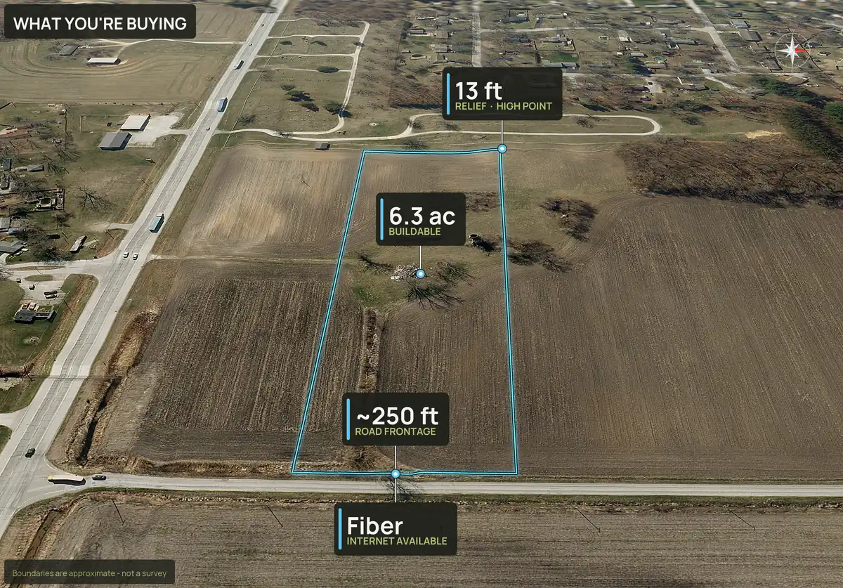 What You're Buying panel on an aerial of lot 4 of a subdivision in Newton County, Indiana, with buildable acres, relief and road frontage