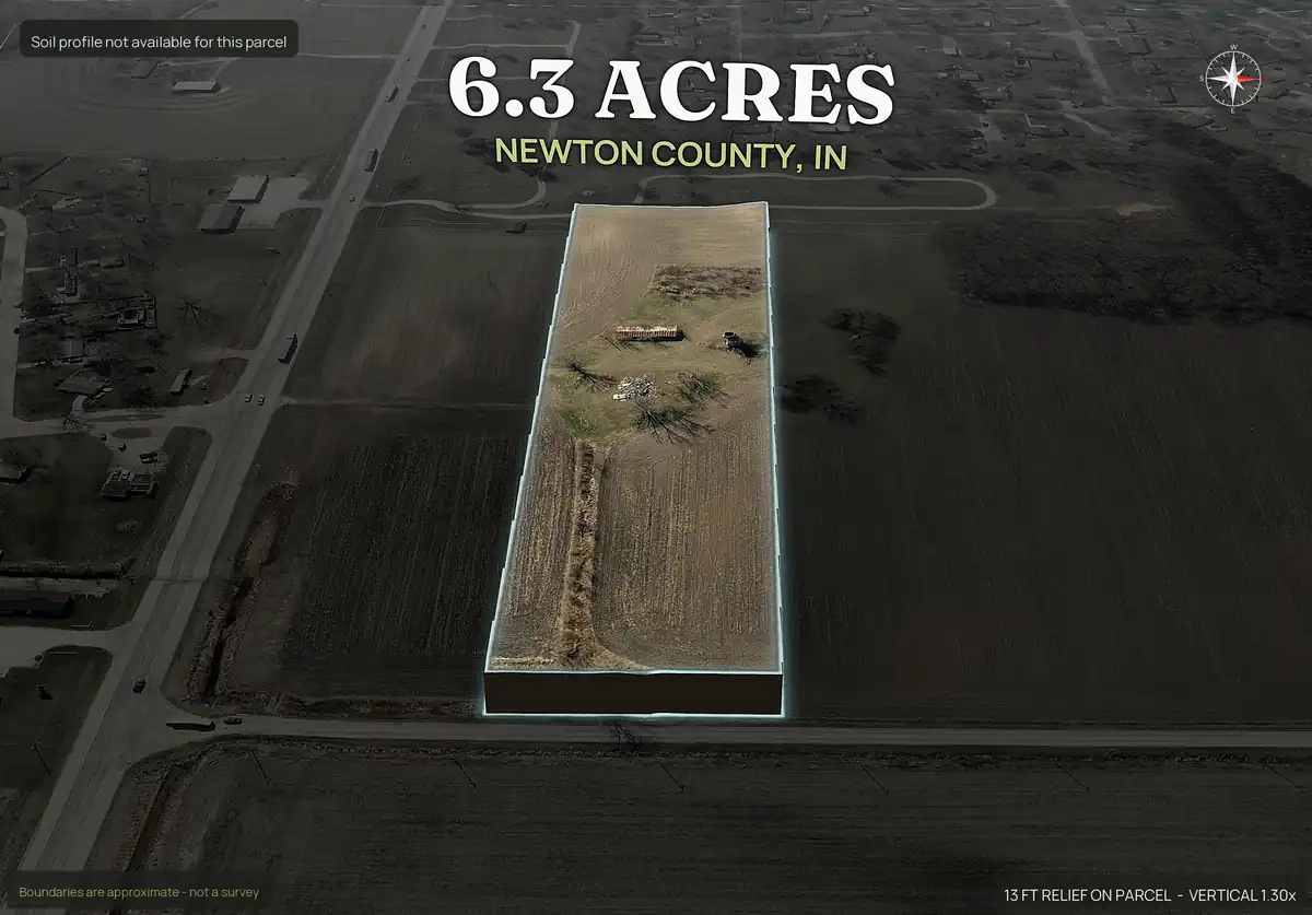 Pop-out 3D photo of lot 4, 6.26 acres, of a five lot subdivision in Newton County, Indiana, lifted off the landscape with dirt walls and a soil profile