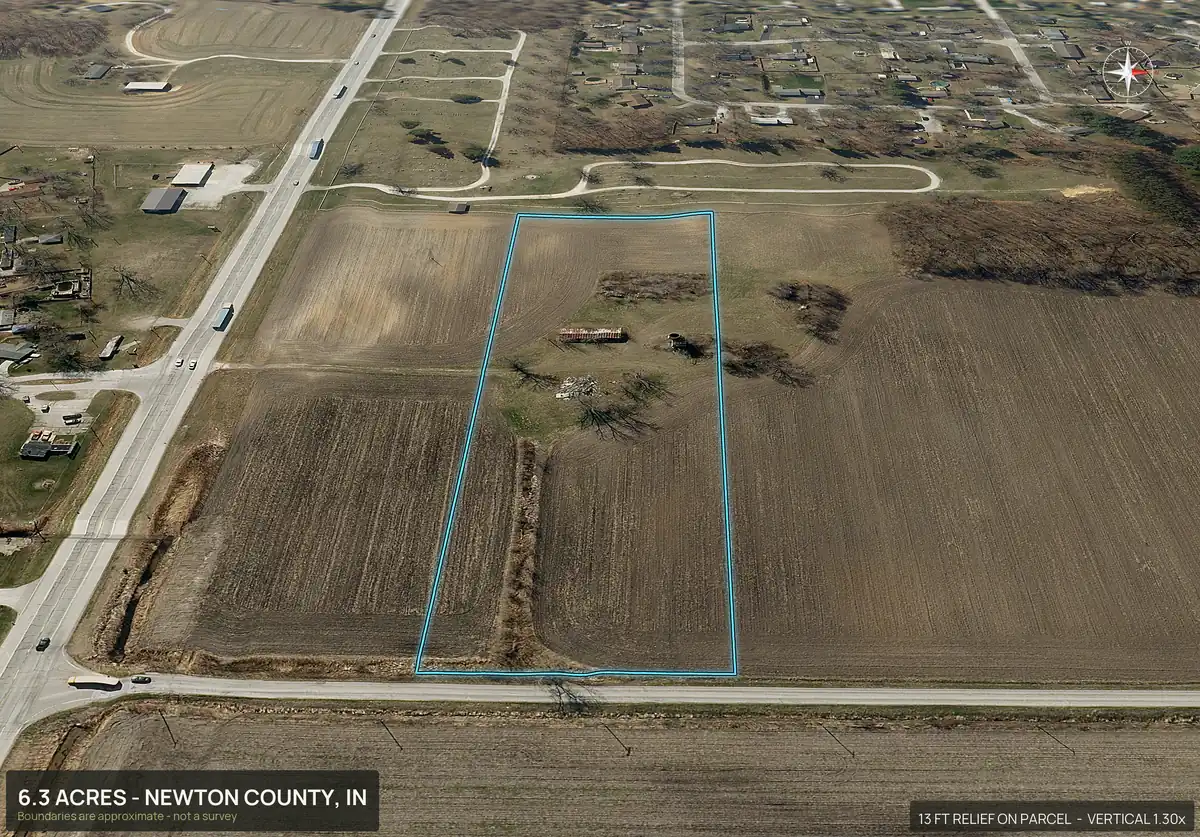 Aerial view of lot 4 of a five lot subdivision in Newton County, Indiana, looking along its road frontage