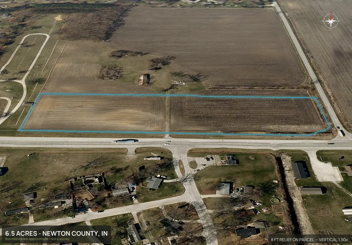 Oblique 3D aerial view of lot 5 of a five lot subdivision in Newton County, Indiana, with the lot outlined