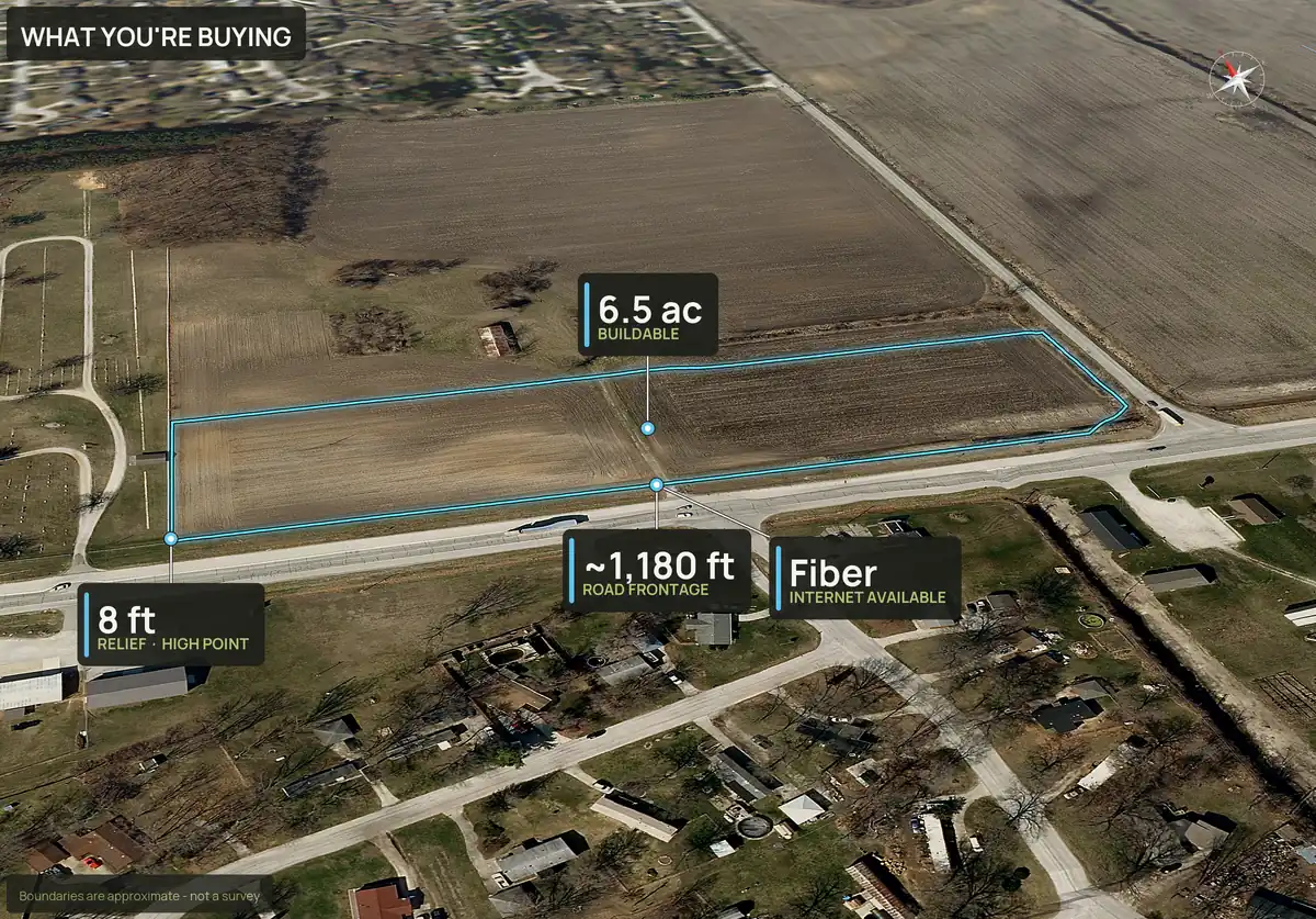 What You're Buying panel on an aerial of lot 5 of a subdivision in Newton County, Indiana, with buildable acres, relief and road frontage