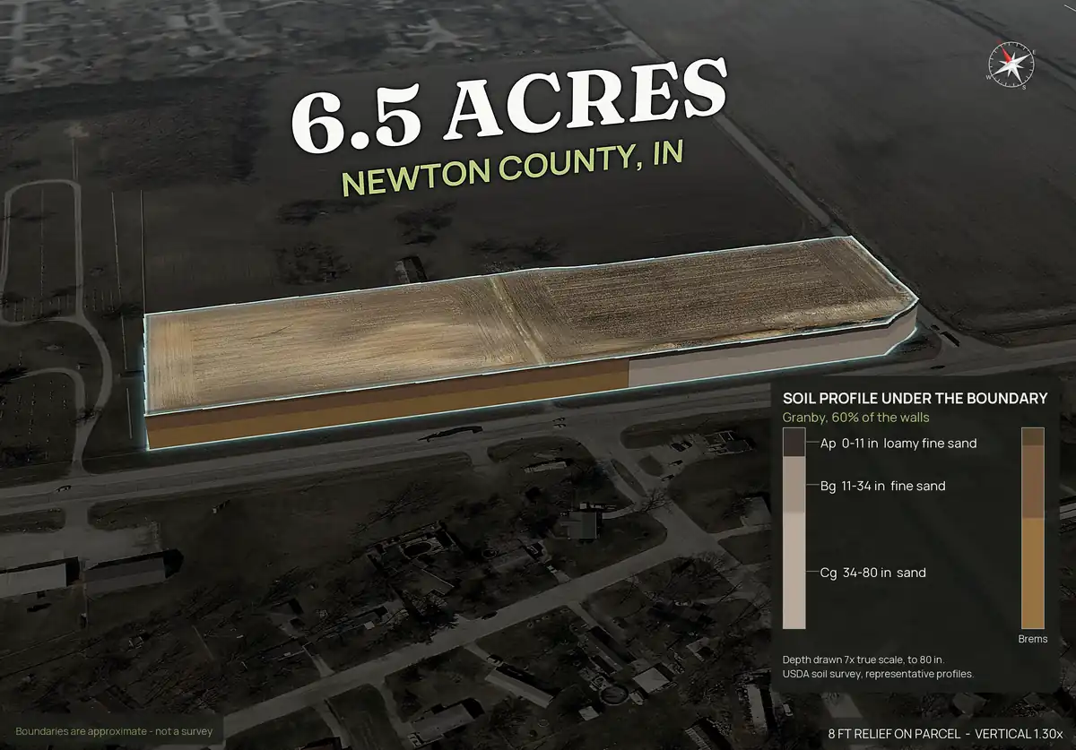 Pop-out 3D photo of lot 5, 6.52 acres, of a five lot subdivision in Newton County, Indiana, lifted off the landscape with dirt walls and a soil profile