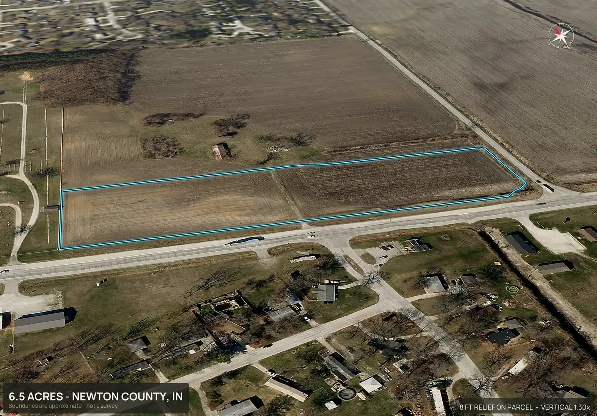 Aerial view of lot 5, 6.52 acres, in Newton County, Indiana along its long road frontage