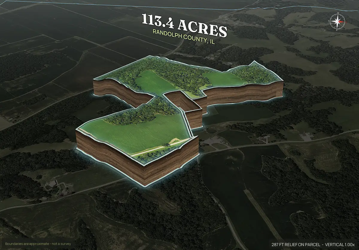Pop-out 3D photo of a two-part Illinois farm and timber parcel lifted off the landscape with dirt walls