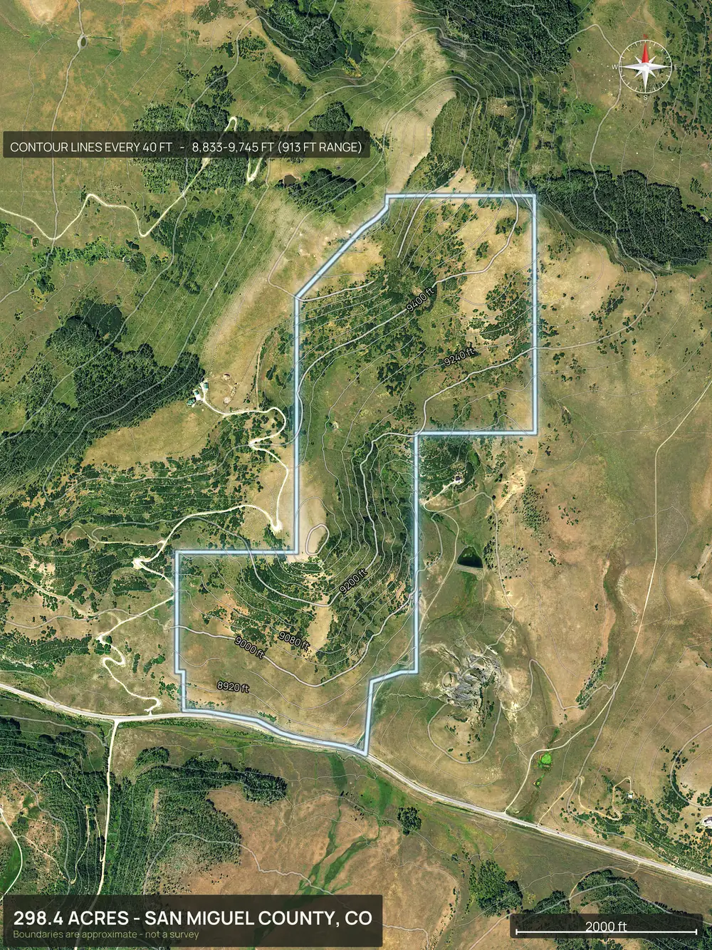 Contour map of a Colorado mountain meadow parcel with the boundary outlined and contours every 40 feet