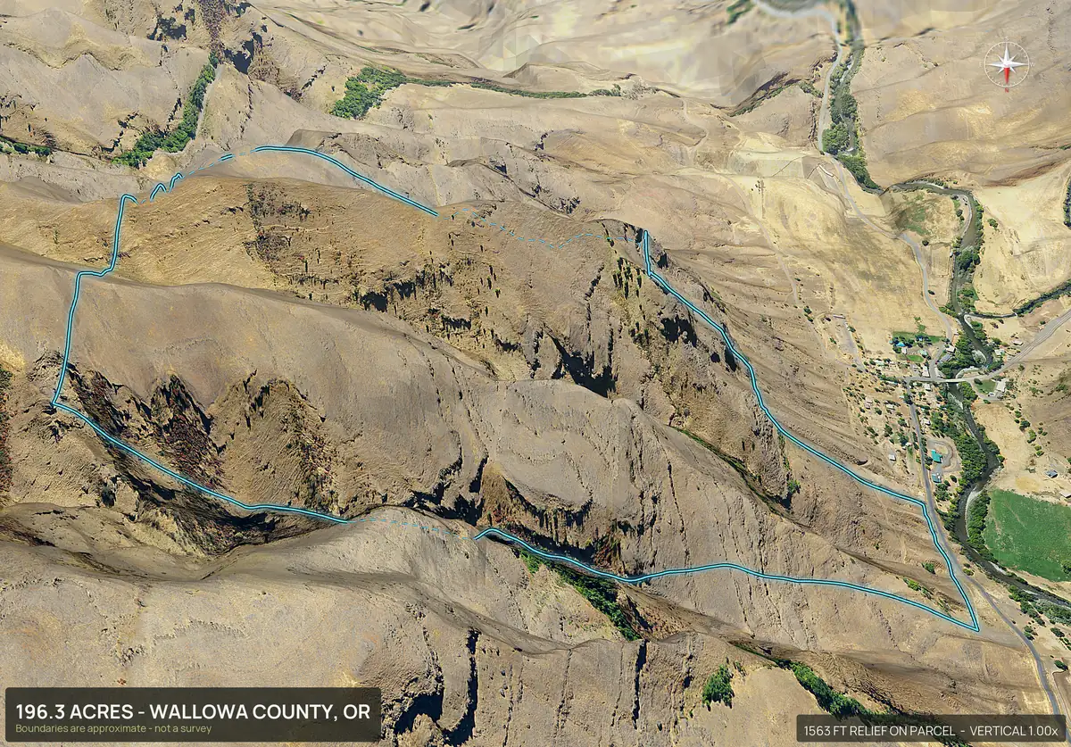 Aerial 3D view of a steep canyon parcel in Wallowa County, Oregon with the boundary outlined