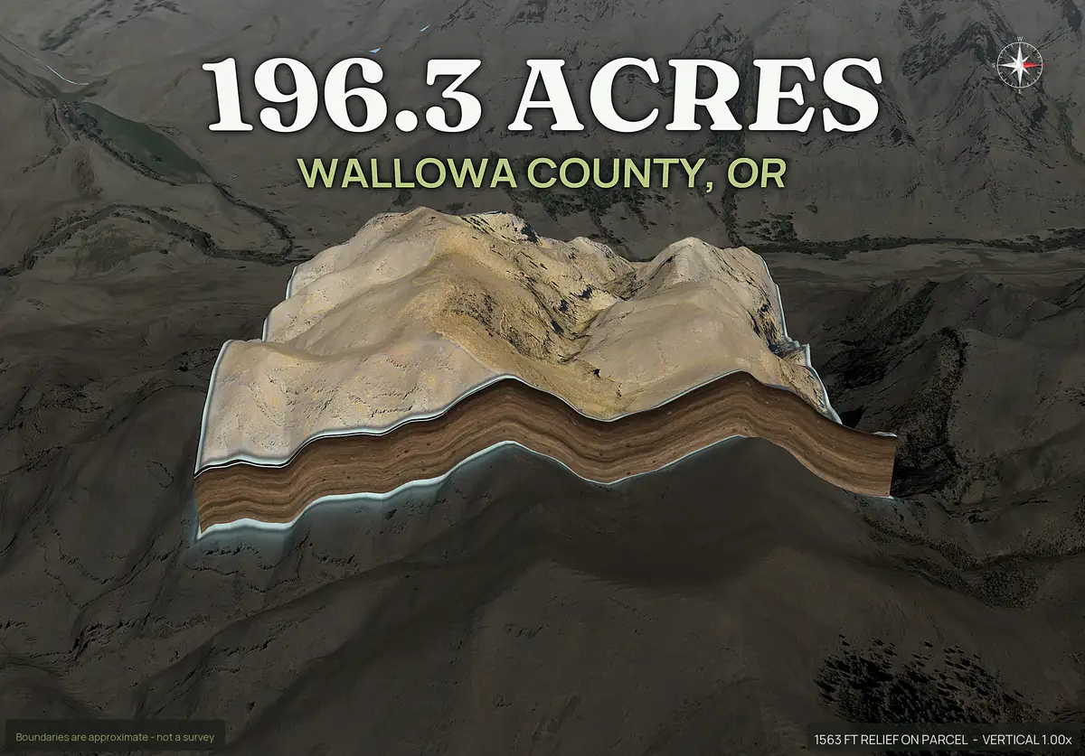 Pop-out 3D photo of an Oregon canyon parcel lifted off the landscape with dirt walls cut away