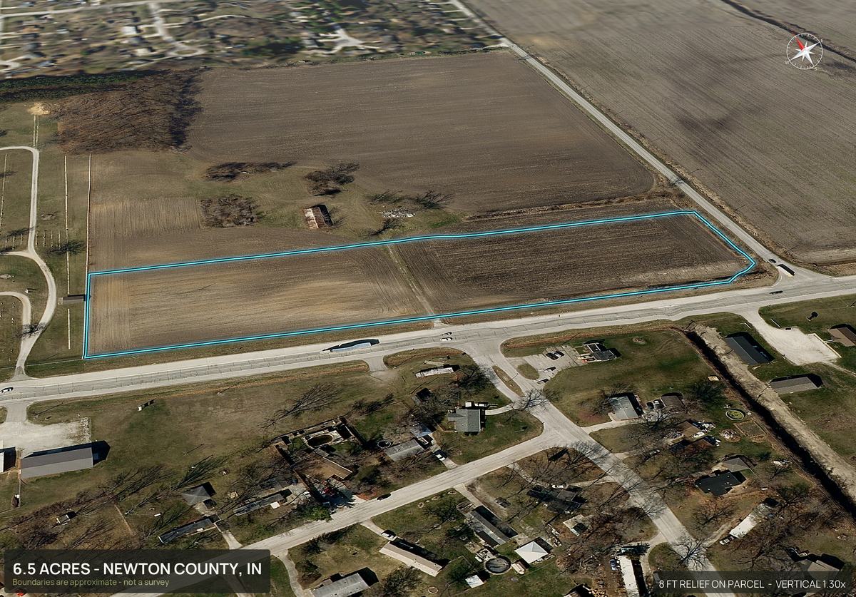 Aerial view of a 6.5 acre lot outlined where it meets the road in Newton County, Indiana