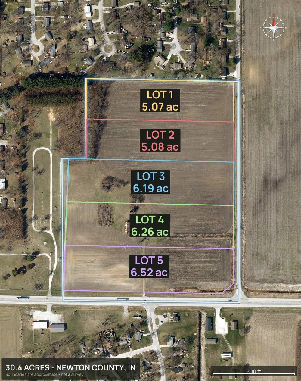 Aerial view of a 32 acre tract in Newton County, Indiana, split into five lots with each lot outlined and labeled with its acres