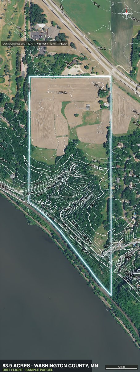 Contour map of the parcel with 10 foot contours and elevation statistics
