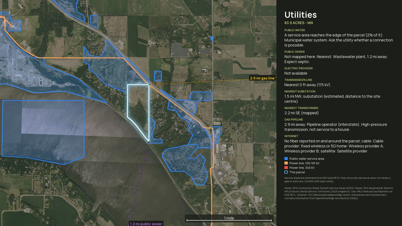 Utilities map: water, sewer, power lines, gas and fiber around the parcel with the nearest service for each
