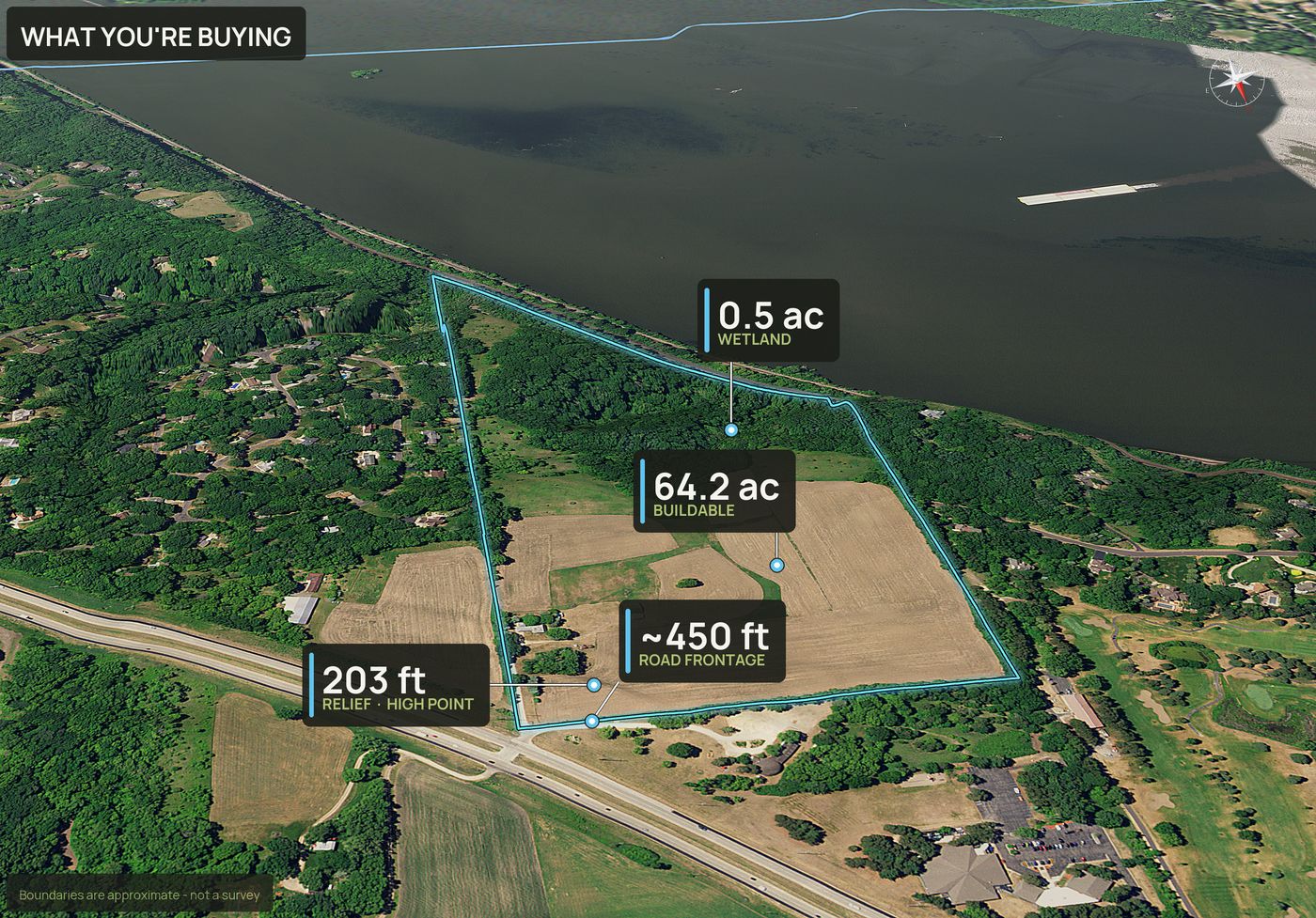 What You're Buying slide: the parcel from the air with callouts for buildable acres, relief, road frontage and fiber